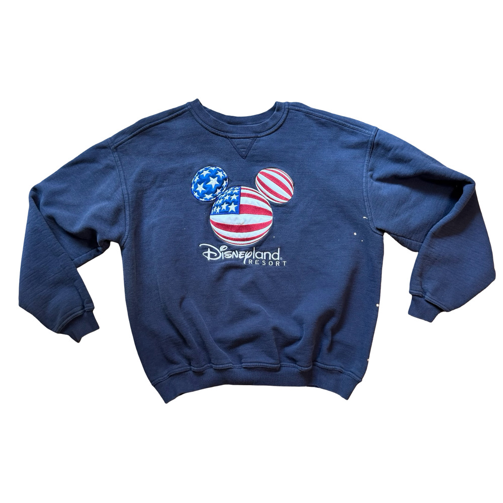 Disneyland Resort USA Mickey Patriotic Sweatshirt XL Spellout Navy Vintage Flaws